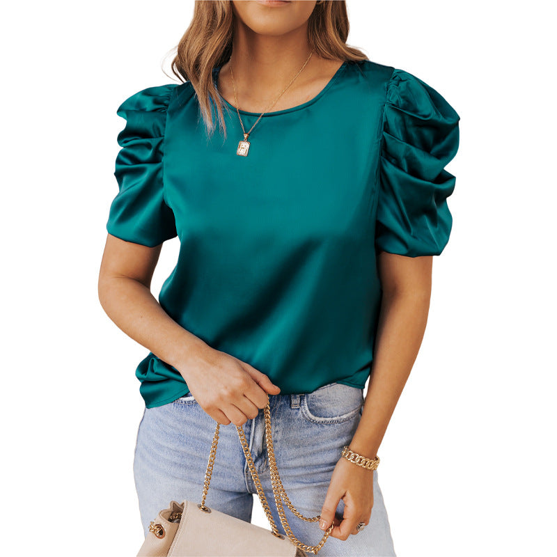 Solid Color Pleated Fluffy Satin Shirt