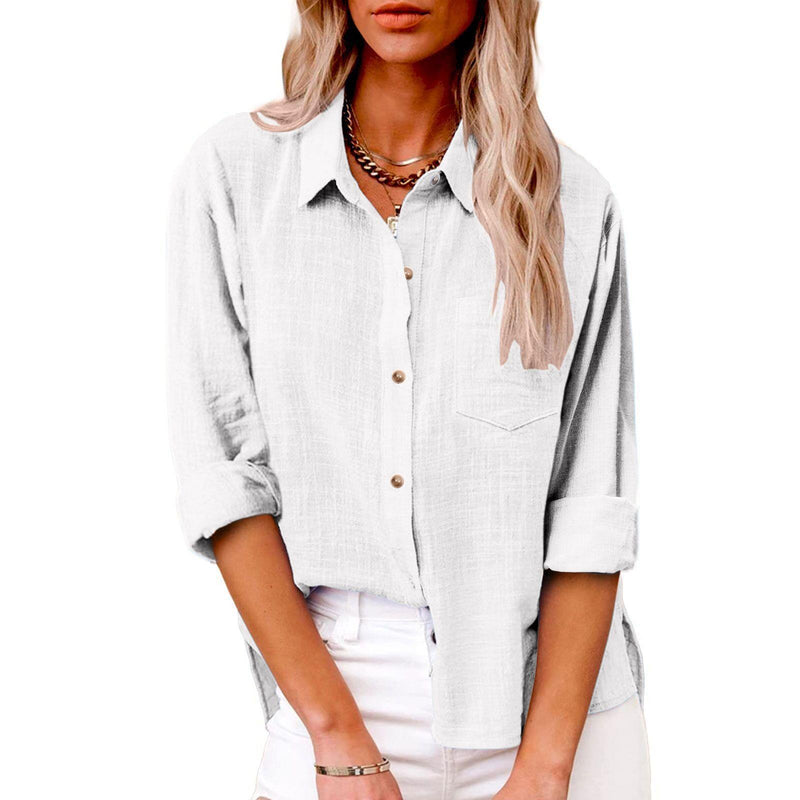 Pocket Split Cotton And Linen Long-sleeved Shirt