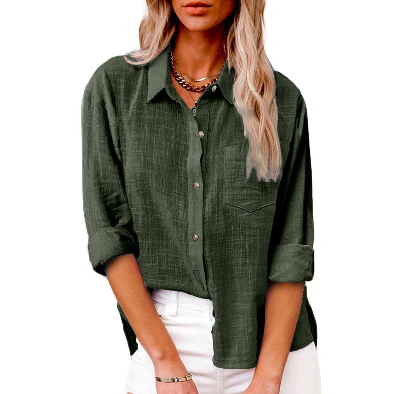 Pocket Split Cotton And Linen Long-sleeved Shirt