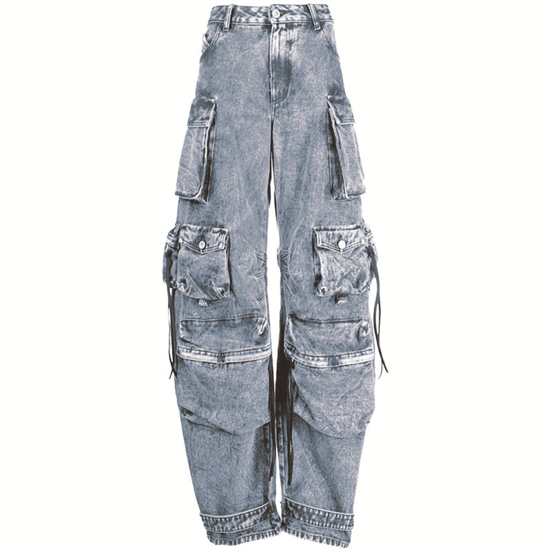 Women's Fashionable Wear And Wear Multi-pocket Washed And Worn Wide-leg Pants