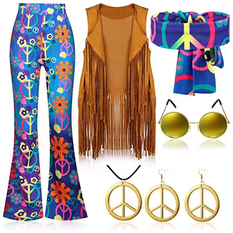 70's Hippie Party Vintage Clothing Tassel Vest Pants Headscarf Suit