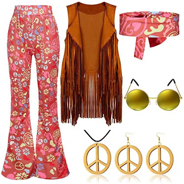 70's Hippie Party Vintage Clothing Tassel Vest Pants Headscarf Suit